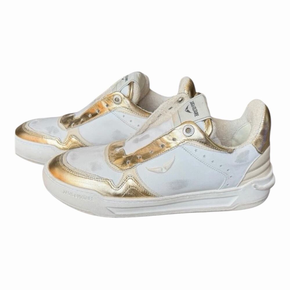 Zadig & Voltaire Wings Flash Vintage Metal Used Sneakers Size 38 White Gold NIB - Picture 4 of 16